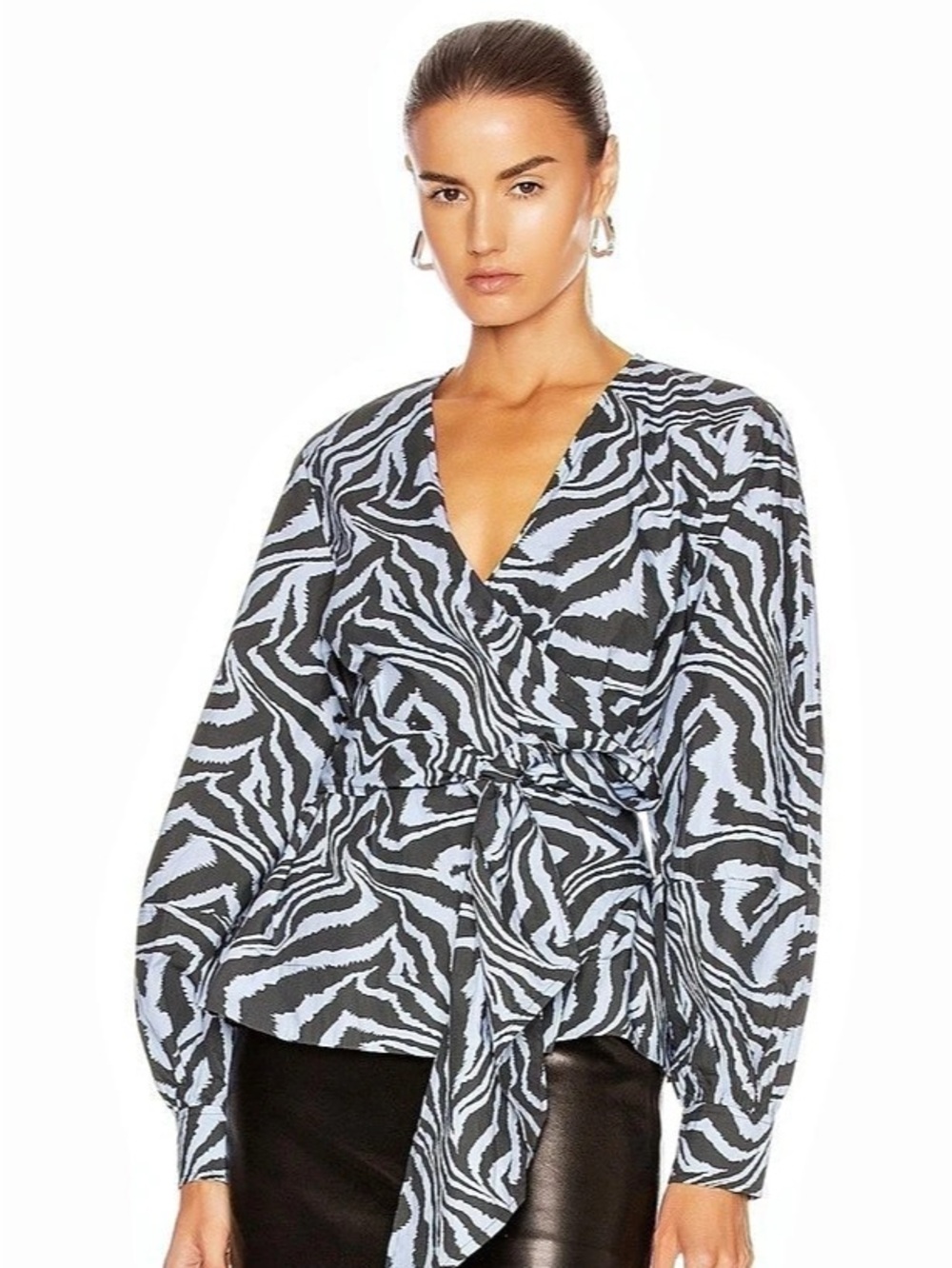 Ganni Zebra-Print Cotton Wrap Top Blouse